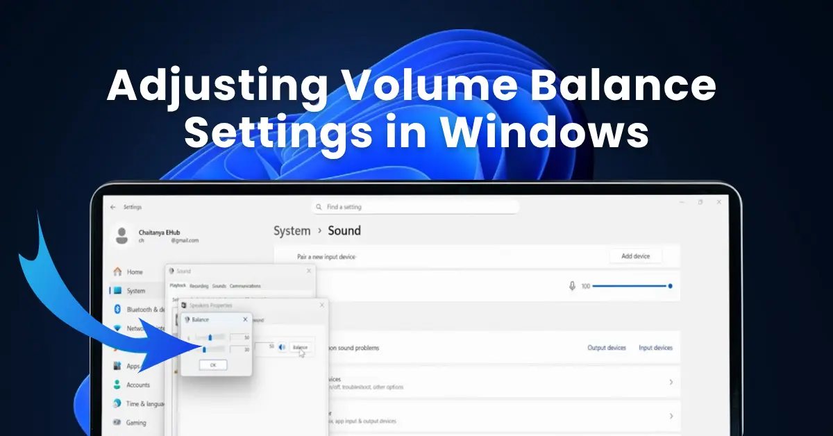 Windows 11 Sound Settings and mmsys.cpl showing the Balance dialog with left and right channel volume sliders for stereo audio devices