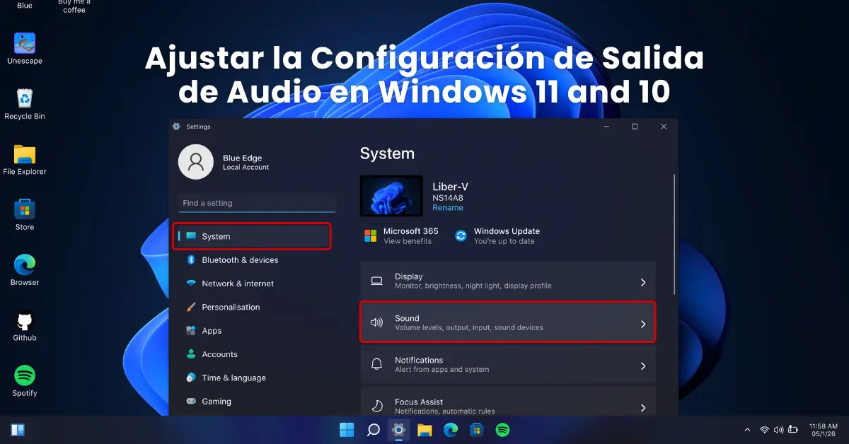 Configuración de salida de audio en Windows 11 — Panel de Sonido mostrando opciones para cambiar dispositivo predeterminado y ajustar propiedades