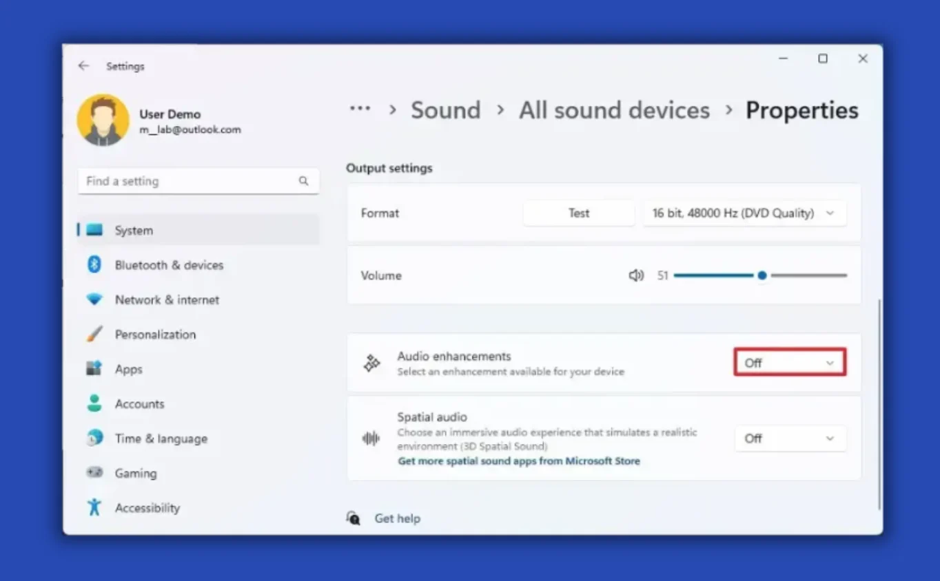 Windows Sound Settings — Enhancements tab showing Disable all enhancements checkbox to fix distorted audio