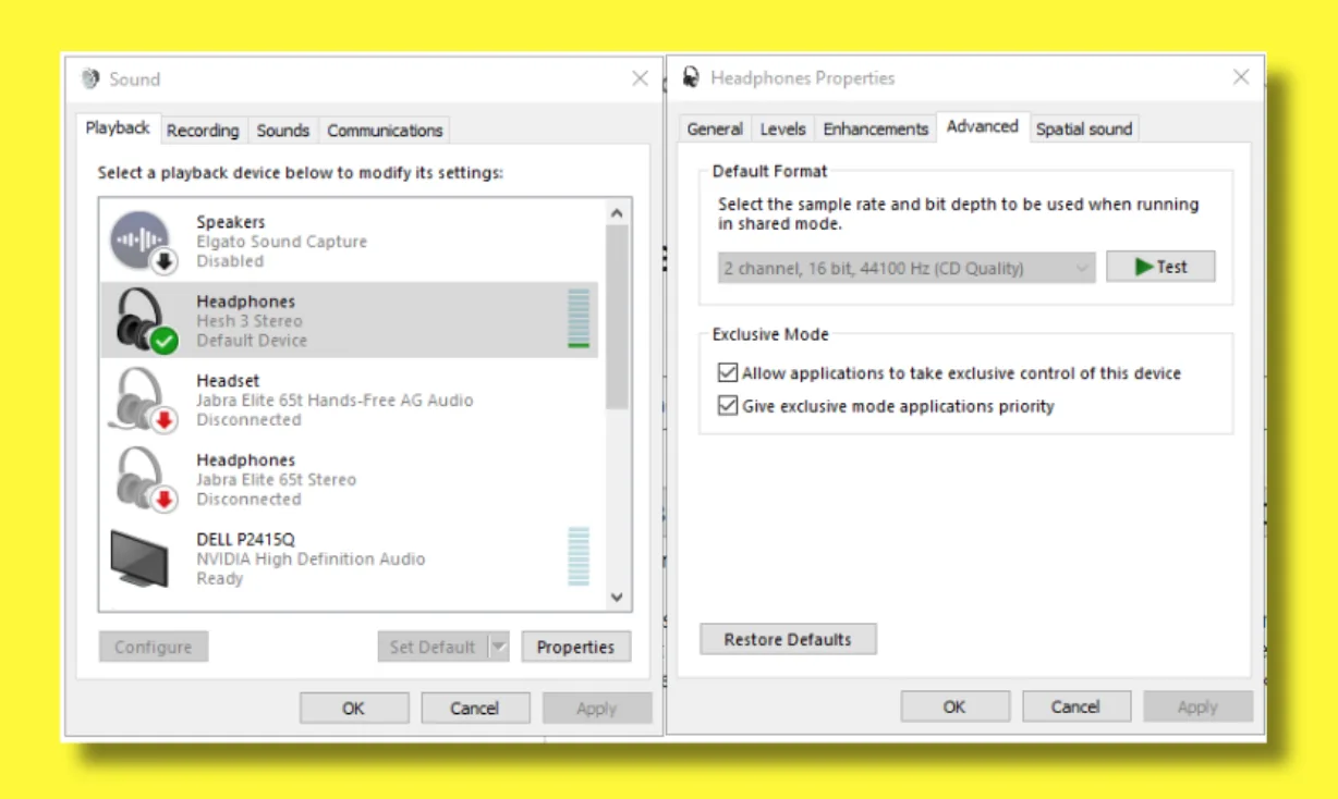 Windows Speaker Properties — Advanced tab showing Default Format dropdown and Restore Defaults button for audio reset