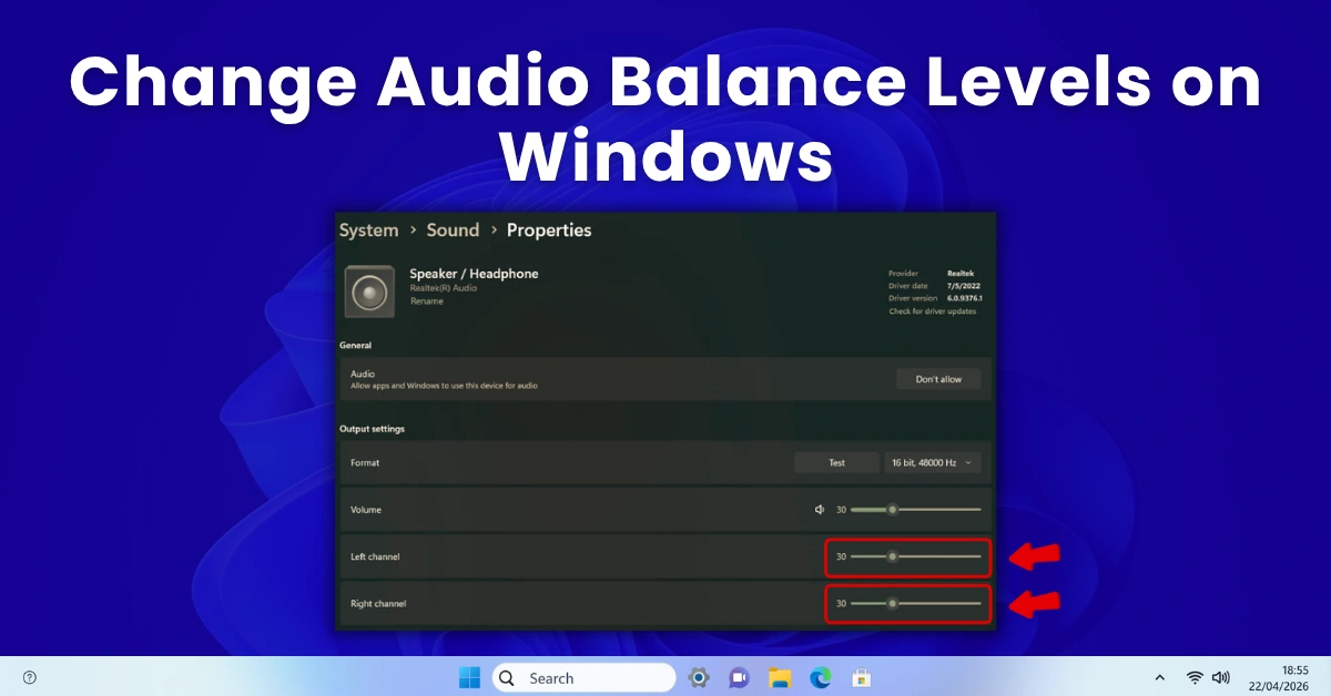 Windows 11 Sound Control Panel showing the audio balance sliders for left and right channels inside the device Properties window, with L slider at 100 and R slider at 75 demonstrating a custom audio balance configuration