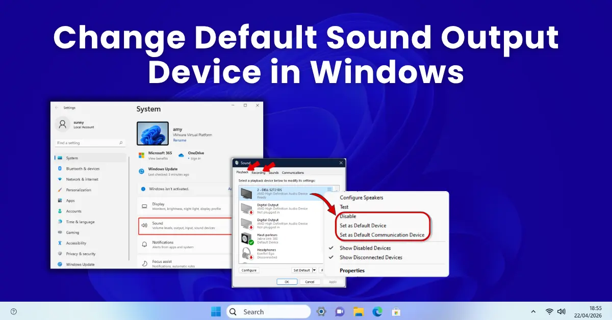 Windows 11 Sound Settings page showing the Output section with a dropdown to choose the default playback device, listing speakers, headphones, and HDMI audio options