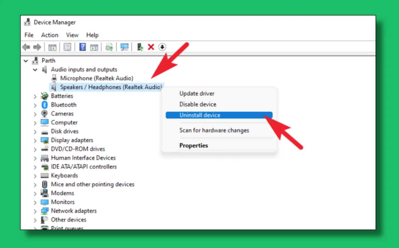 Device Manager in Windows 11 — uninstalling Realtek High Definition Audio driver to reset audio settings
