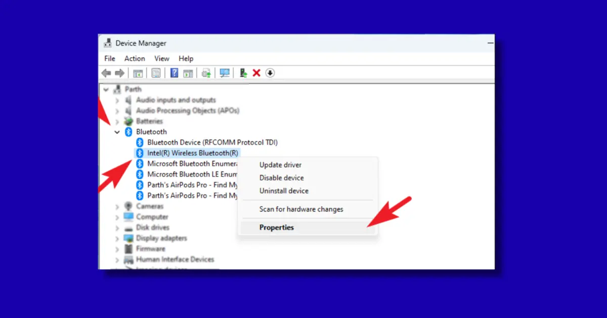 Device Manager showing Bluetooth category expanded in Windows 11 with Intel Wireless Bluetooth adapter listed