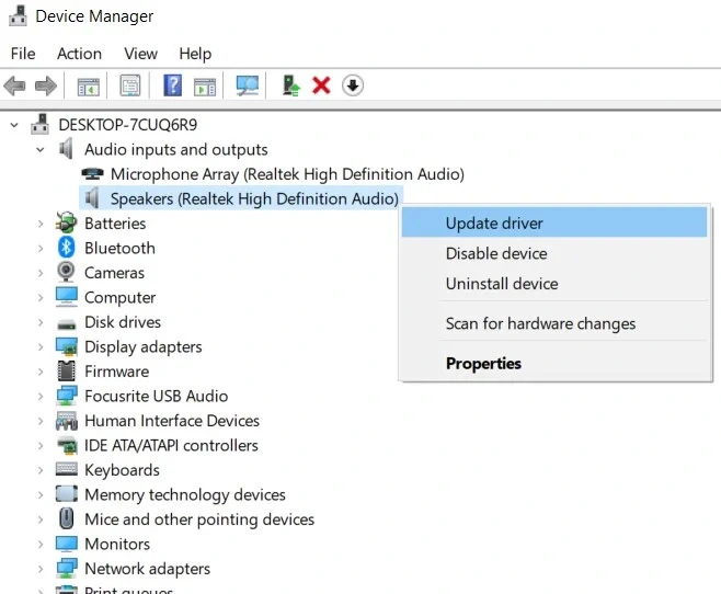 Windows Device Manager showing Realtek High Definition Audio under Sound video and game controllers with Update driver option highlighted