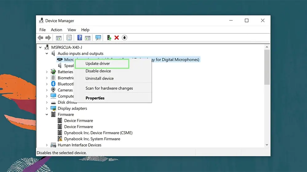 Windows Device Manager showing Realtek High Definition Audio driver with Update driver option highlighted