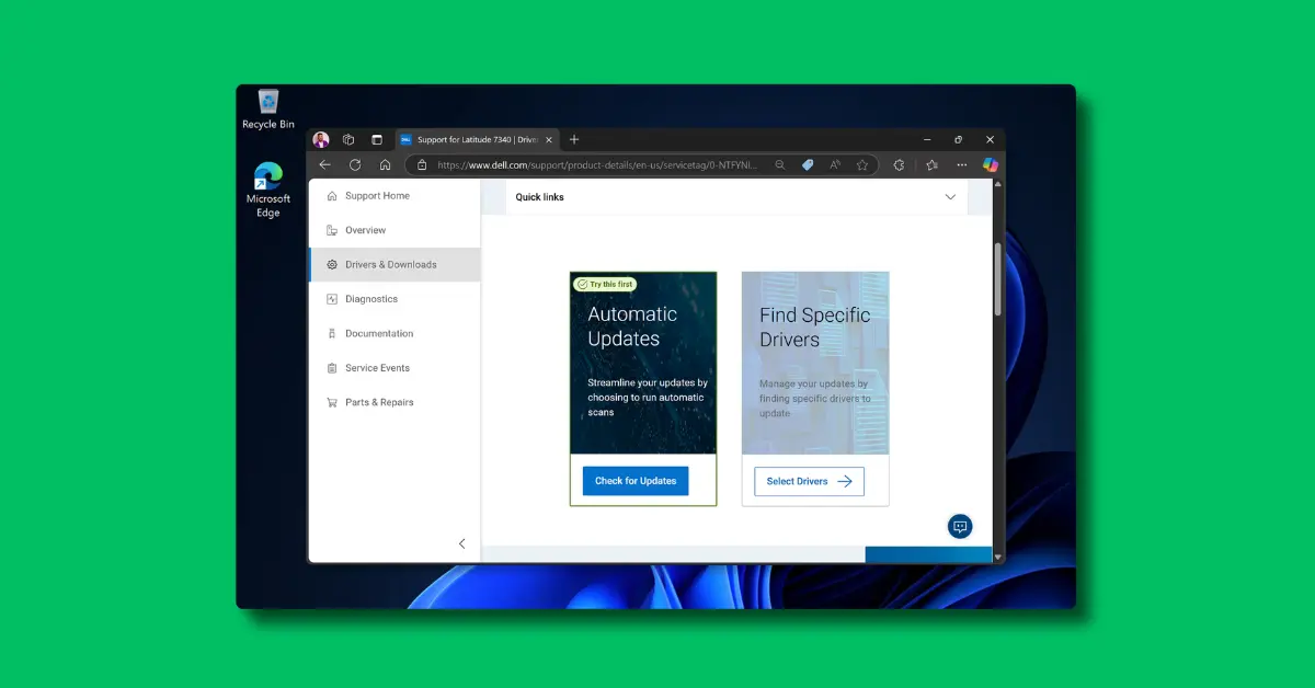 Downloading official Bluetooth driver from Dell support website — Drivers and Downloads page for Windows 11
