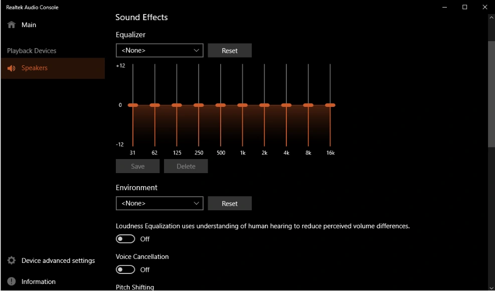 Realtek HD Audio Manager application showing the equalizer presets panel, environment settings, and a balance control slider for left/right channel adjustment independent of Windows settings