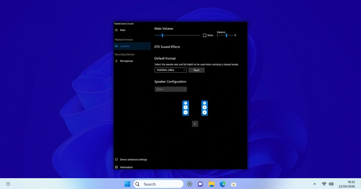 Realtek HD Audio Manager application showing the audio balance controls with left and right channel volume sliders and a link button that synchronises both sliders — the OEM audio software that can override Windows system balance settings