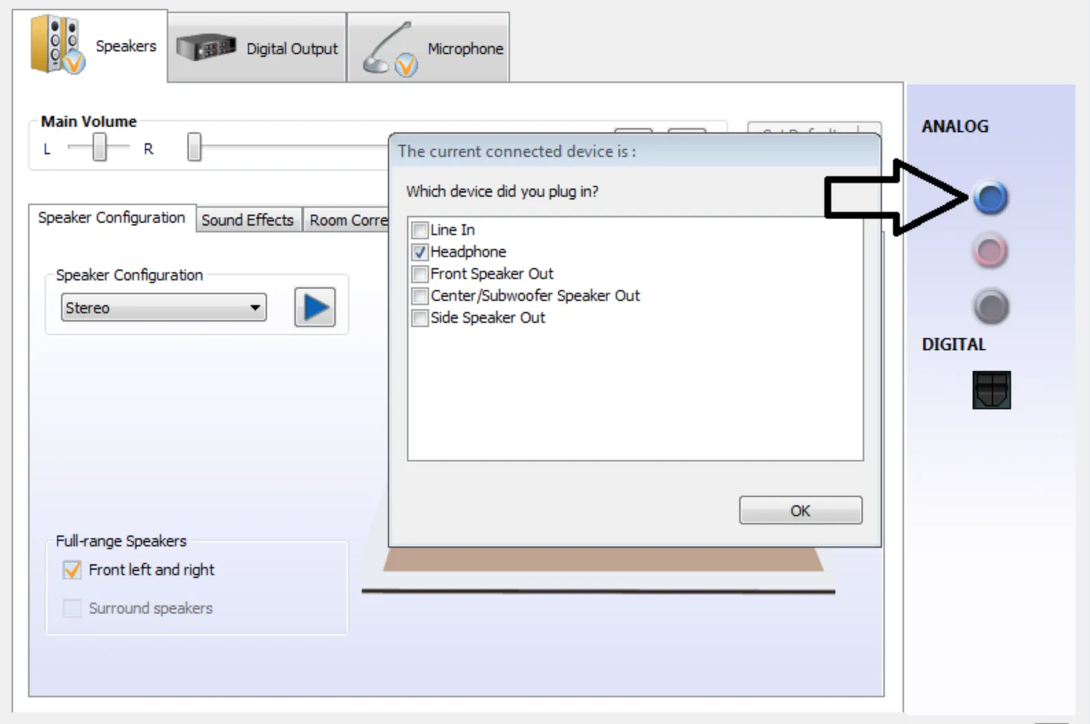 Realtek HD Audio Manager headphone jack pop-up dialog in Windows — asking which device was plugged in