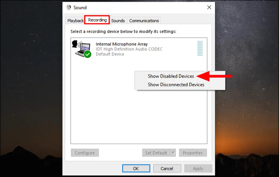 Windows Sound Control Panel Playback tab — right-click context menu showing Show Disabled Devices option