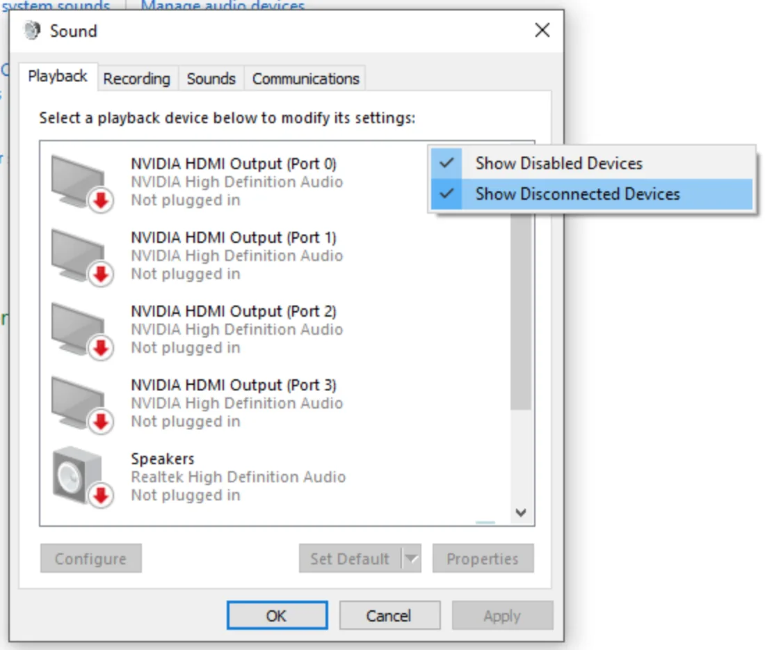 Windows Sound Control Panel — right-click menu showing Show Disabled Devices option in Playback tab