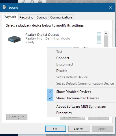 Windows Sound Control Panel Recording tab showing right-click context menu with Show Disabled Devices and Show Disconnected Devices options