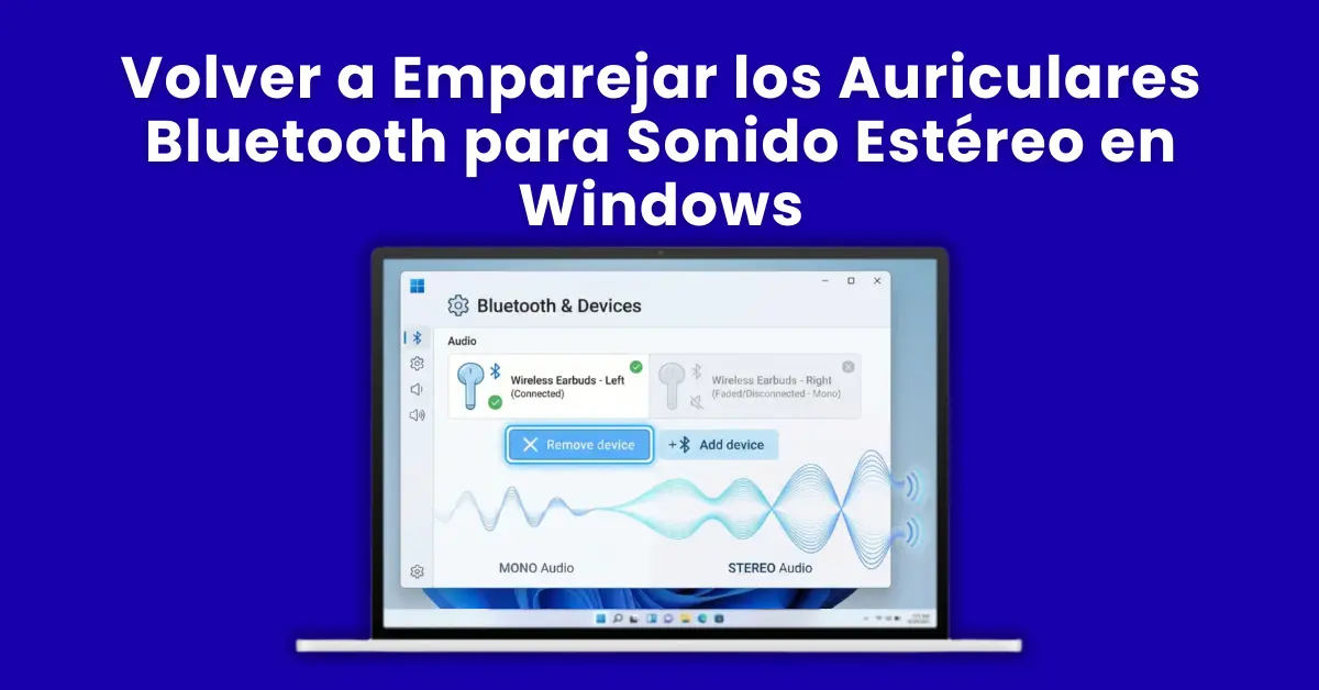 Panel de Bluetooth en Windows 11 mostrando auriculares emparejados y la selección del perfil de audio estéreo A2DP en Configuración de Sonido