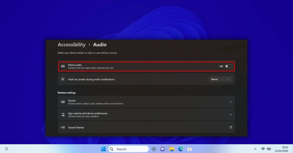 Windows 11 Accessibility settings showing the Audio section with Mono audio toggle switched on and a balance slider beneath it that controls which ear receives the combined left and right channel audio output