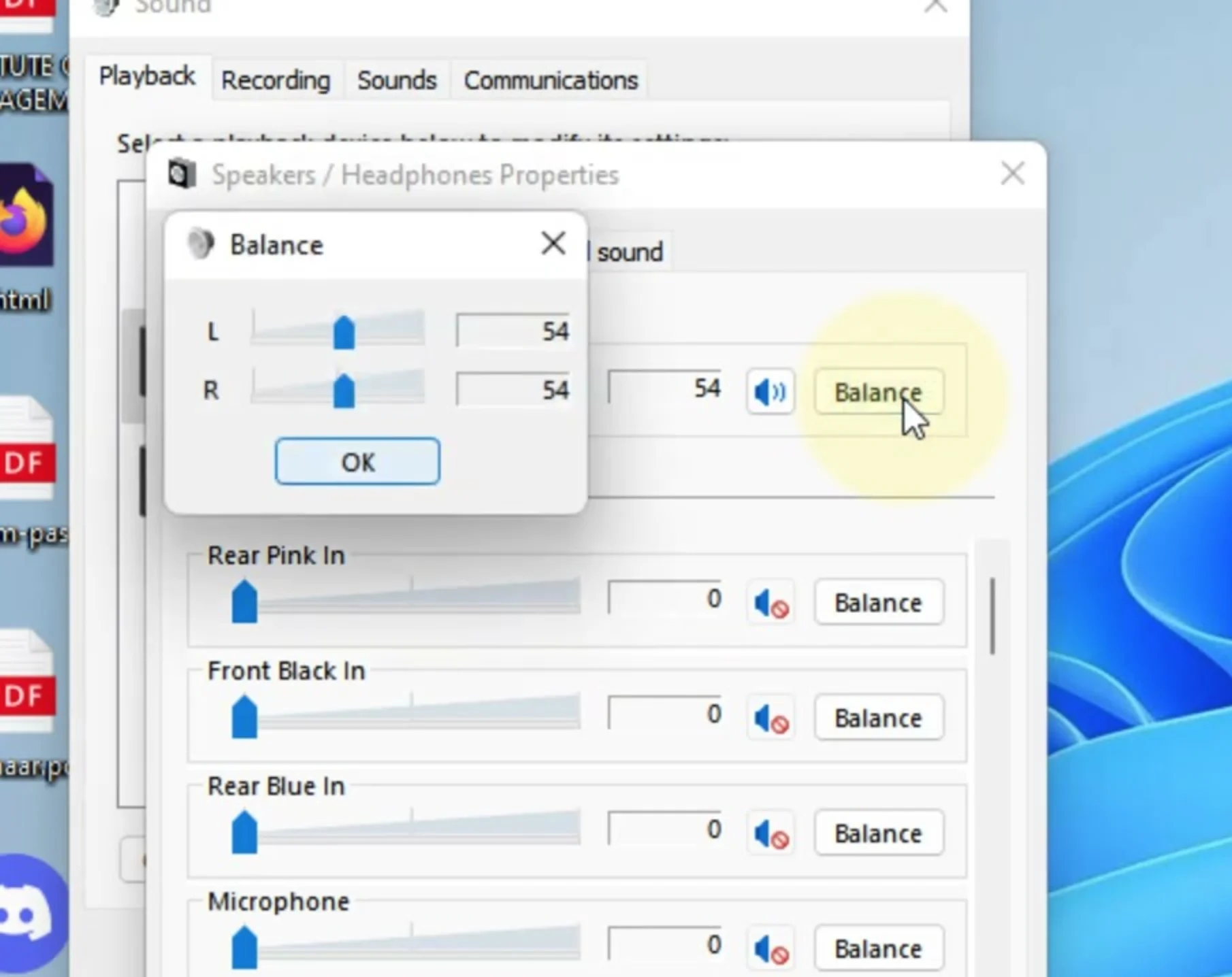 The Balance dialog in Windows Sound Control Panel showing two sliders labeled L (Left) and R (Right), each set to 100 for centered stereo audio