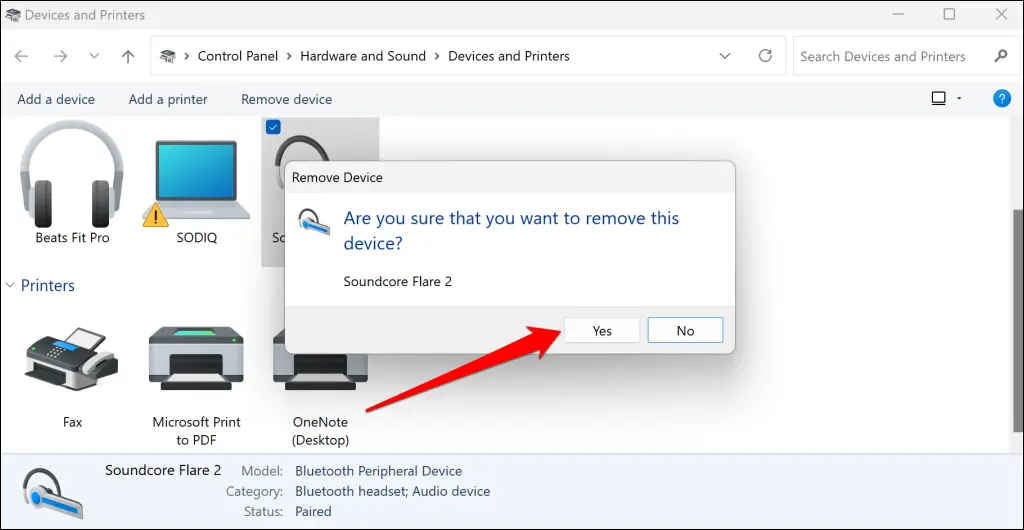 Windows 11 Bluetooth and devices settings page showing headphone device with Remove device option