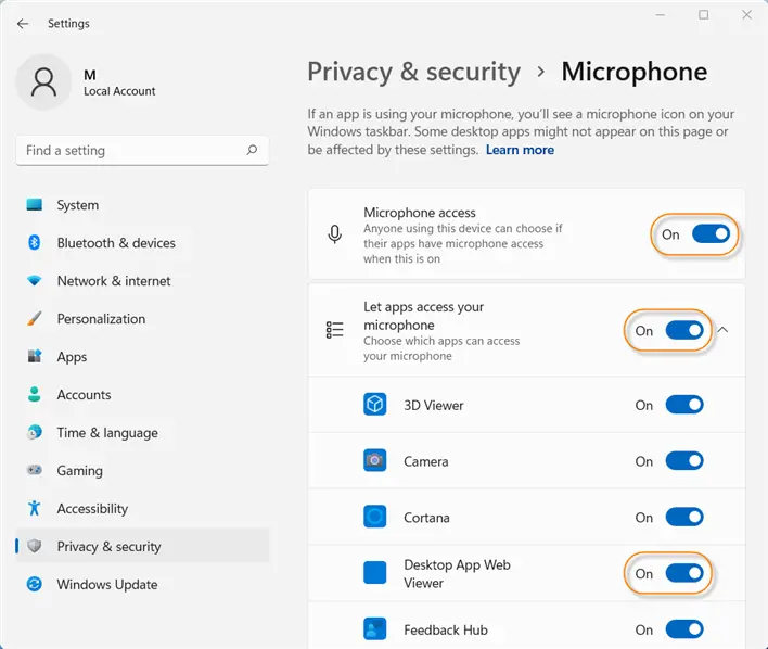Windows 11 Privacy and Security settings showing Microphone access toggle and per-app microphone permissions list