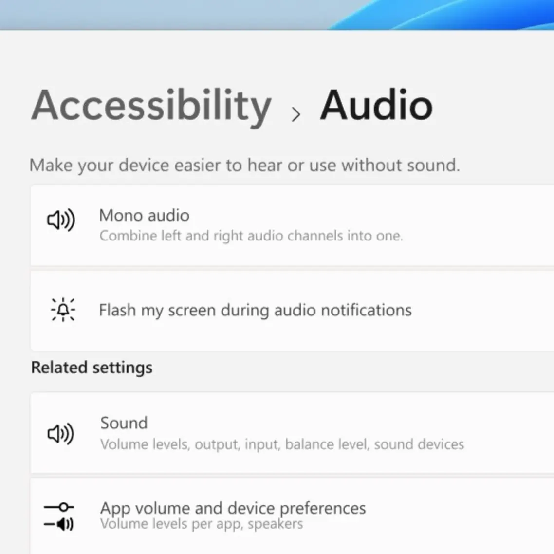 Windows 11 Settings showing Accessibility category, Audio section, with the Mono audio toggle switch highlighted in the On position