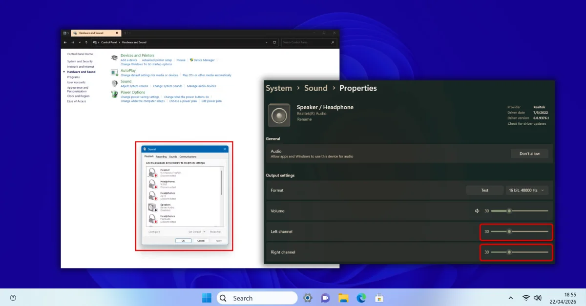 Windows 11 Settings app showing the System → Sound section with an audio output device expanded to reveal its properties including volume level and balance controls for adjusting left and right channel audio output