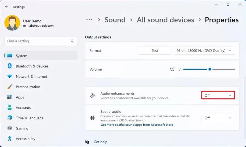 Windows Sound Control Panel showing the Enhancements tab for a speaker device, with the 'Disable all enhancements' checkbox checked and highlighted, and a list of available enhancement effects below