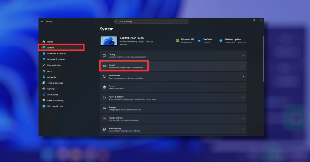 Windows 11 Sound Settings page showing Output section with device dropdown to choose default playback device